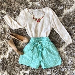 🌷Blue High-Waist Shorts with White Polka Dots